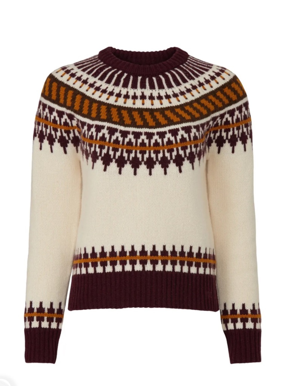 Tory Burch Cream Fair Isle Crewneck Sweater with Burgundy & Mustard Accents